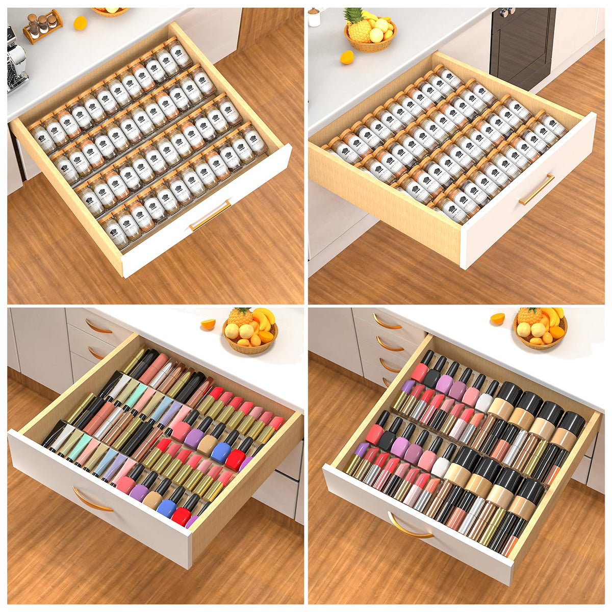 4-Tier Non-Slip Spice Drawer Organizer, 4-Pack Checkered Frosted Clear Acrylic, Expandable (11''-22'') Spice Rack for Kitchen Drawer Storage – Holds Seasonings, Herbs, and Spices (Jars Not Included)