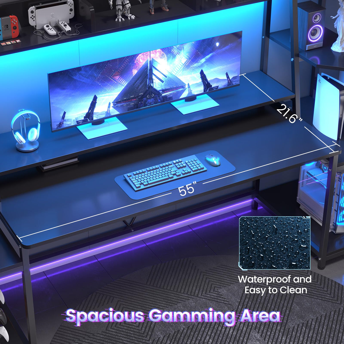 SEDETA Gaming Desk 78.8'' with LED Lights, Hutch and Storage Shelves, Computer Desk with Monitor Stand, Large PC Gamer Desk Workstation, Ergonomic Gaming Table for Bedroom, Living Room, Black