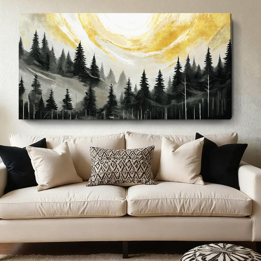 ARTZON Large Abstract Wall Art- Modern Black White Yellow Tree of Life Forest Canvas Print Pine Landscape Nature Horizontal Artwork Minimalist Picture for Living Room Bedroom Office Decor 48"x24"