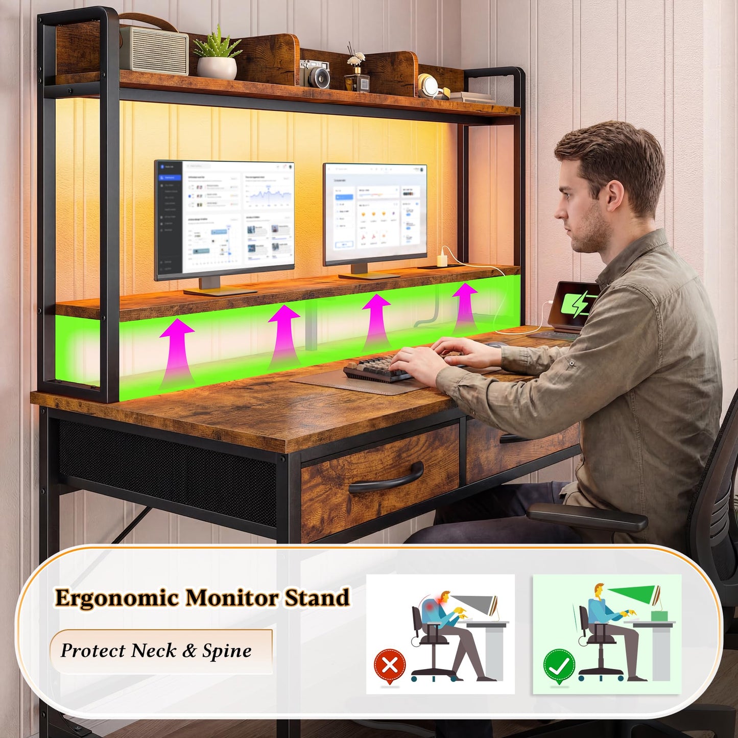 39.4"Office Desk with 2Drawers&Hutch,Computer Desk with Storage Rack&Monitor Stand,Gaming desk with LED&Power Outlet,Modern Study Writing Desk for Bedroom Home Office,Small Space,Rustic Brown