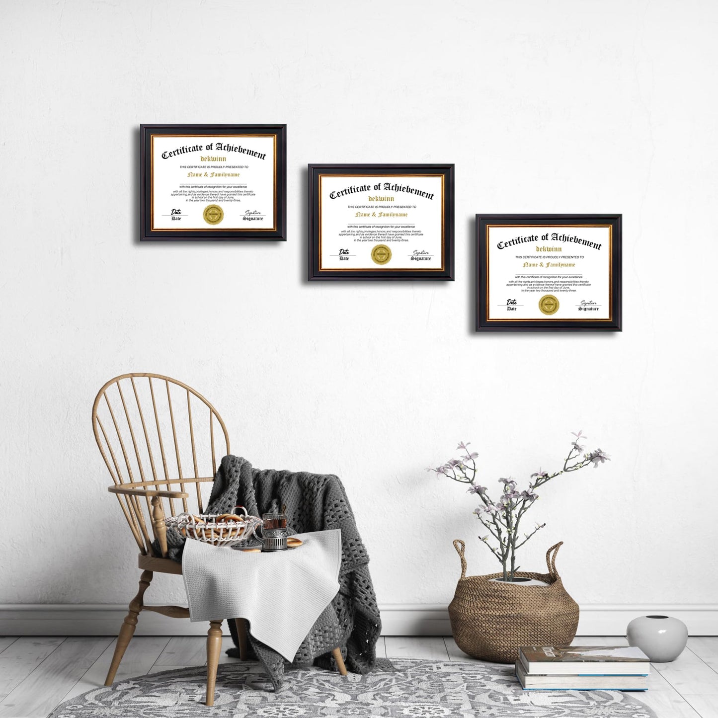 DEKWINN 8.5x11 Diploma Frames Certificate Document Frame Set of 3 with Real Glass, Diploma Frame for Wall Gallery or Tabletop display, Black Gold Molding,Without Mat