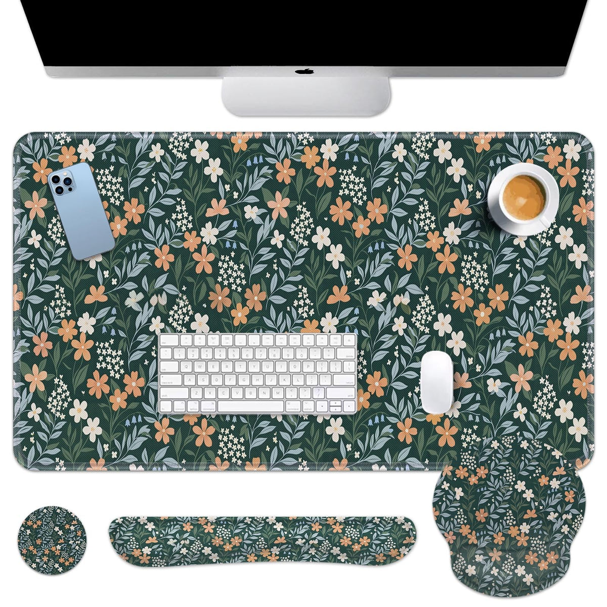 Britimes Green Florals Keyboard Mouse Pad Set Vintage Flower 4in1 Large Mousepad+Keyboard Wrist Rest+Mouse Wrist Rest+Coaster Ergonomic Design for Home Office Computer 35.4x15.7 inches