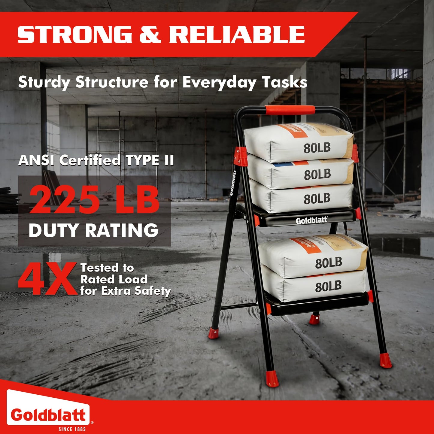 Goldblatt 2-Step Folding Step Stool Heavy Duty Steel Ladder, Auto-Lock Safety, Anti-Slip Wide Steps & Rubber Feet, Ergonomic Padded Handle, Portable for Home, Kitchen, Bedroom, Garage
