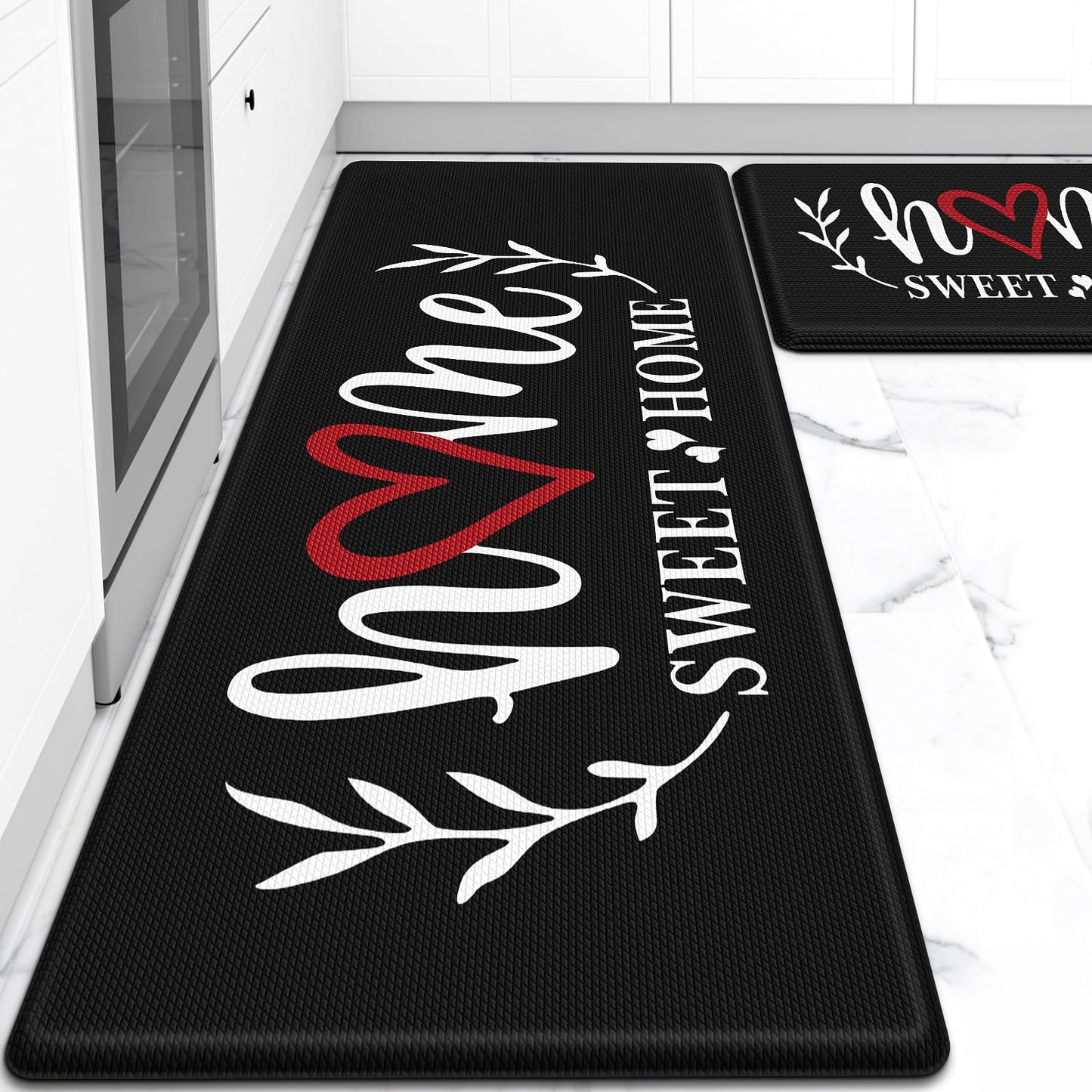 HappyTrends Kitchen Mat for Floor, 2PCS Cushioned Anti-Fatigue Kitchen Rugs, Waterproof Non-Slip Standing Mats and Rugs Set for Kitchen, Office, Laundry, Black, 17.3"×30"+17.3"×47"