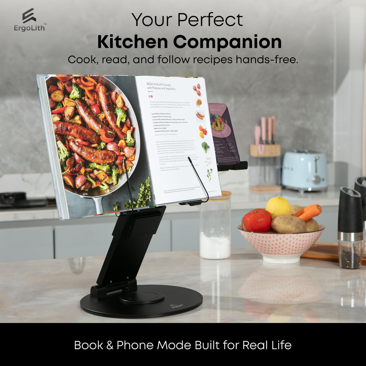 ErgoLith 3-in-1 Adjustable Laptop Stand, Book Stand, and Phone Holder - 360° Rotating Display for All Laptops - 2–21" Height for Ergonomics - Office Desk Accessories - Stylish - Patented - Sky Black