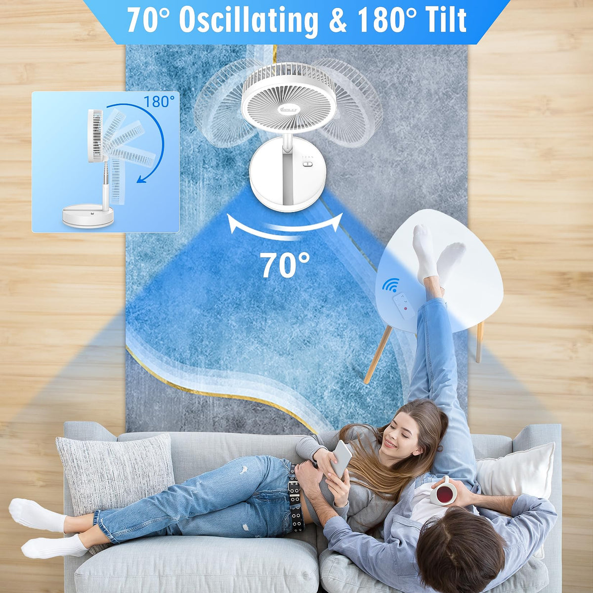LIPETY Portable Foldable Rechargeable Oscillating Fan Battery Operated Table Desk Fan Folding Standing Pedestal Fans for Bedroom Rome Office Camping Travel (white, 8.6 inch)