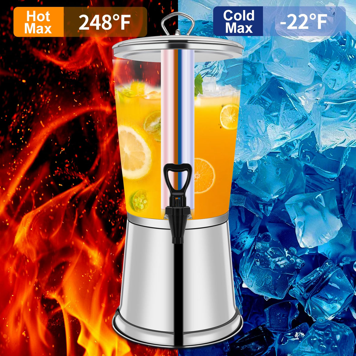 Hijolla Beverage Dispenser With Stand, Iced Beverage Drink Dispenser, Stainless Steel Water Jar with Ice Container, Lemonade Drink Jar Jug For Buffet, Parties, Clear Acrylic, 2-GALLONS 8-L