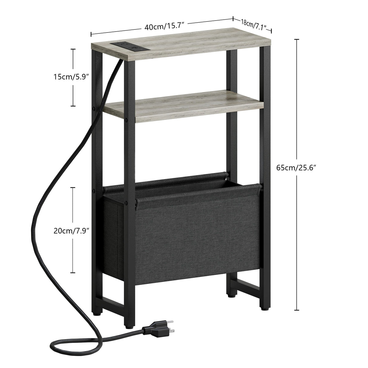 IRCPEN Narrow Side Table with Charging Station Slim End Table Sofa with Magazine Rack, Bedside Table for Small Spaces, 3 Tier Nightstand for Living Room Couch, Bedroom Oak Grey LET503QE