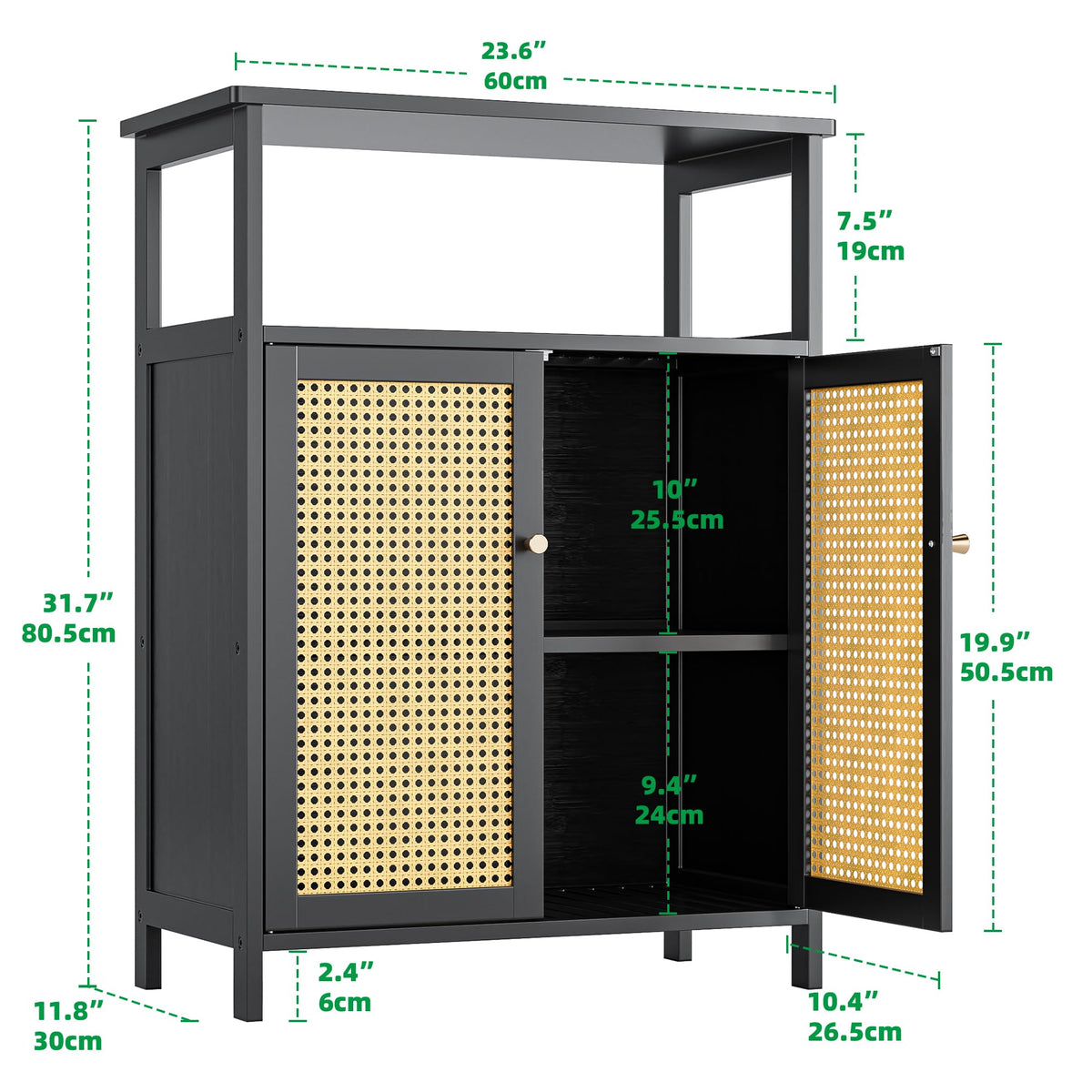 vovala Bamboo Floor Rattan Cabinet, Bathroom Storage Organizer Rack with 2 Doors and 1 Shelf, Space Saving Wood Kitchen Cupboard, Hallway Side Table, Living Room Freestanding Stand (Black)