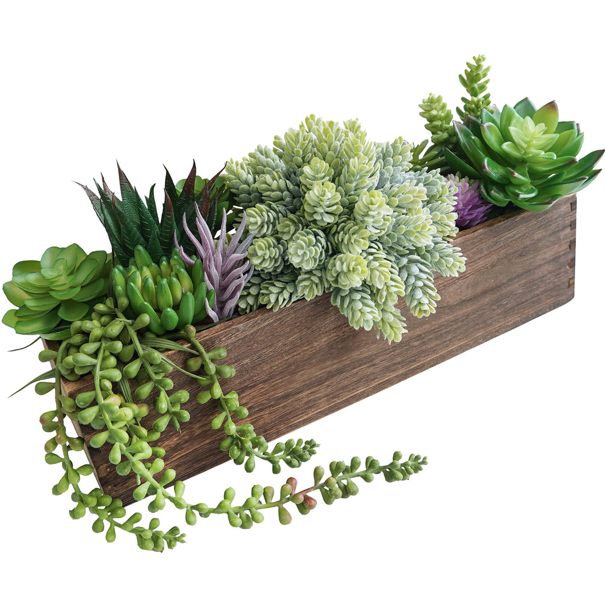 Winlyn 15" Assorted Artificial Succulent Arrangement Assorted Succulents in Rectangular Wooden Planter Faux Potted Plant for Farmhouse Table Centerpiece Windowsill Shelf Desk Mantel Greenery Décor