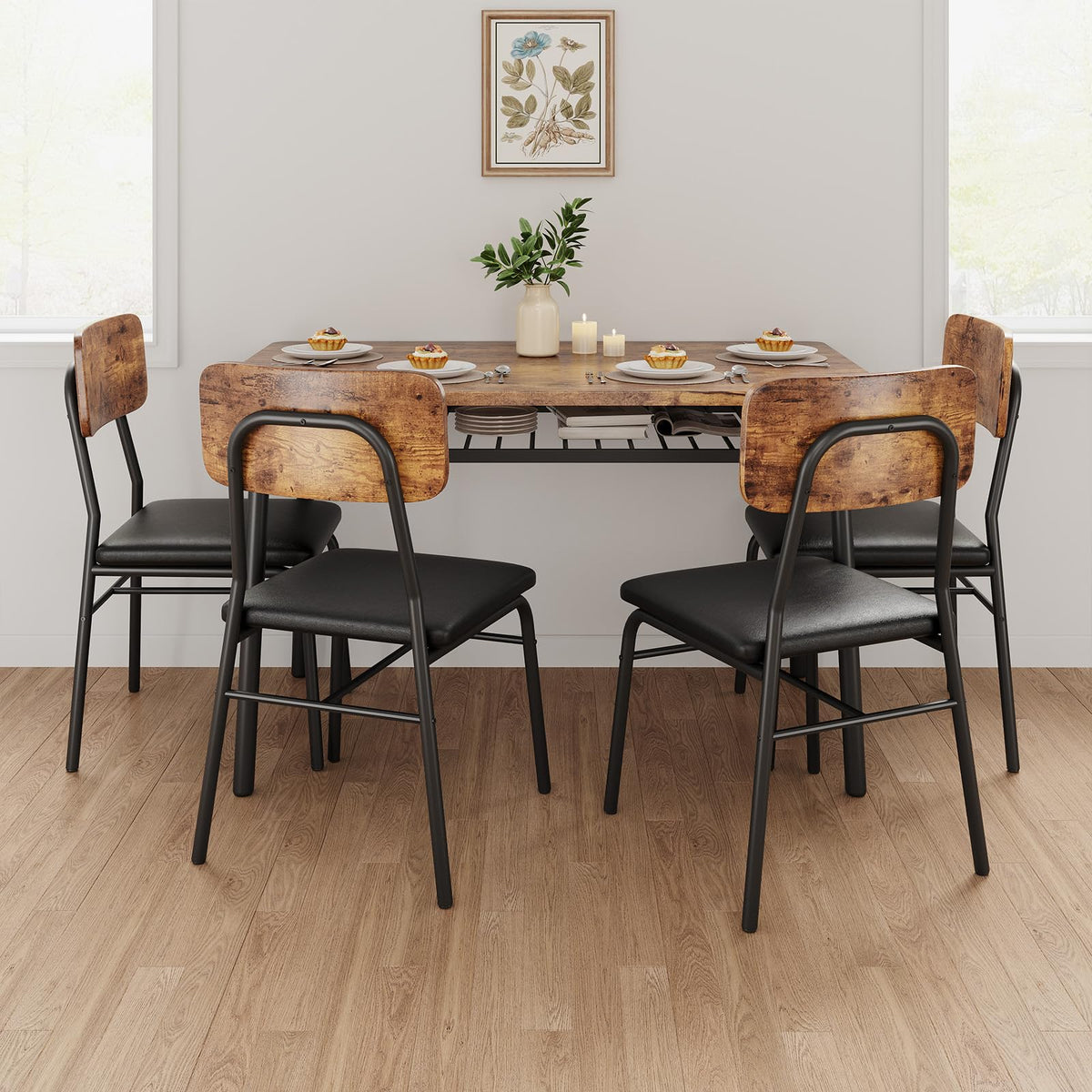 IDEALHOUSE Dining Table Set for 4 with Storage Rack, 5-Piece Kitchen Table and Upholstered Chairs of 4, Wood Tabletop & Heavy-Duty Metel Frame, Dining Room Set for Small Space, Apartment, Brown