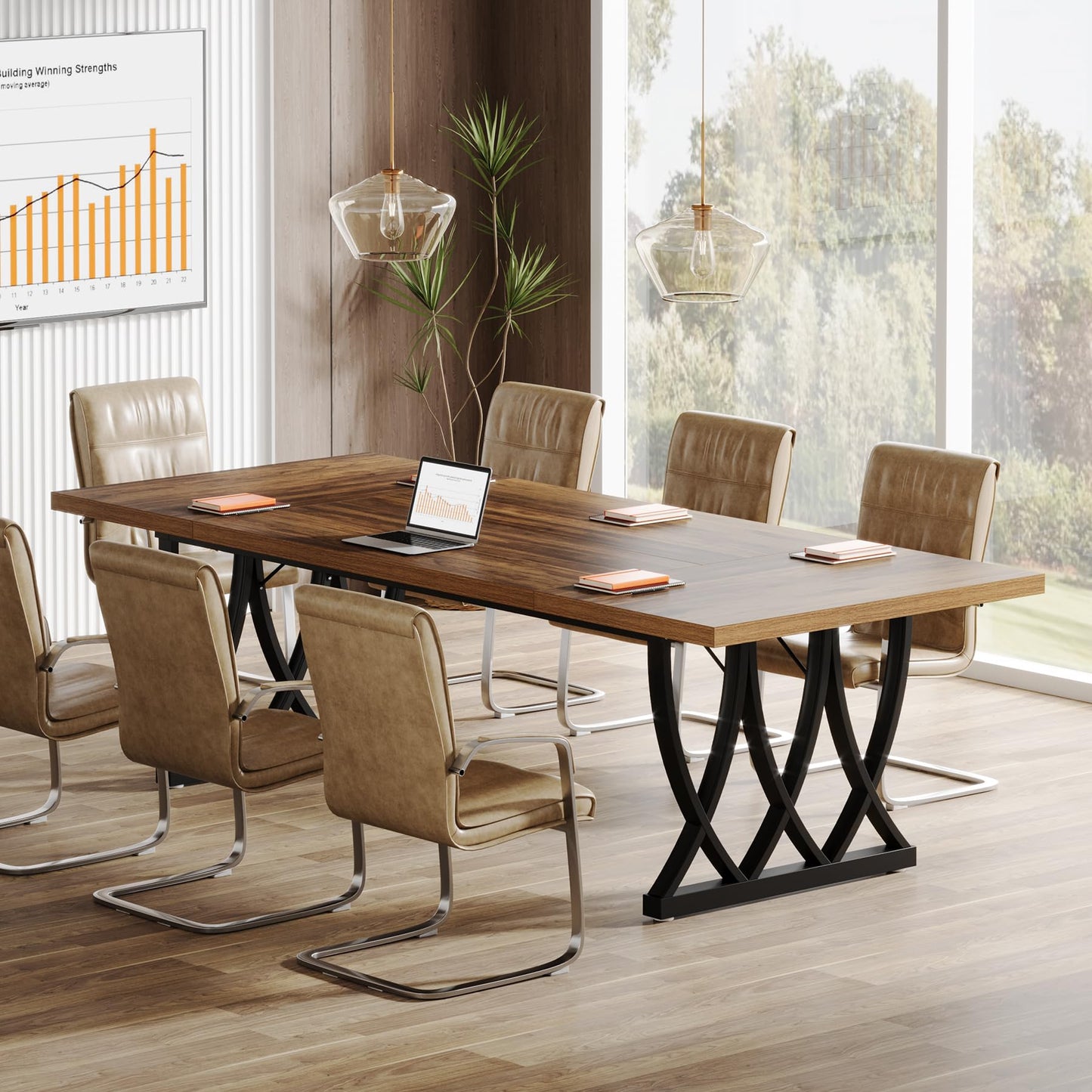 Tribesigns 6 ft Conference Table for 6-8 People, 70.86-Inch Rectangle Meeting Seminar Table with Unique Curved Metal Support for Home Office (Without Chair, Retro Brown & Black) (1)