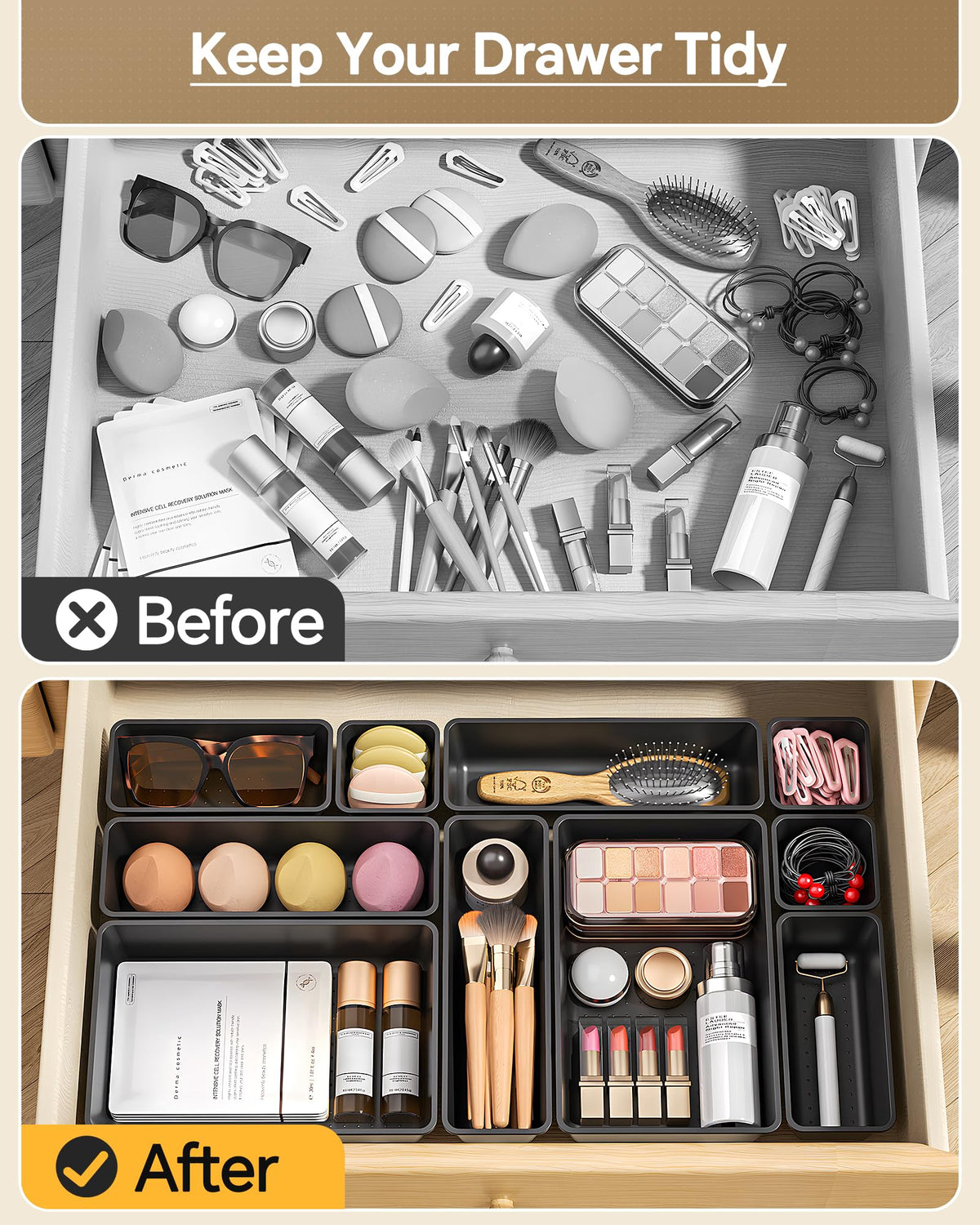 KEMETHY 25 PCS Plastic Drawer Organizers Set, 4 Sizes Vanity Organizer, Makeup and Desk Drawer Organizer Trays, Organization and Storage for Makeup, Bathroom, Kitchen Utensils and Office (Black)