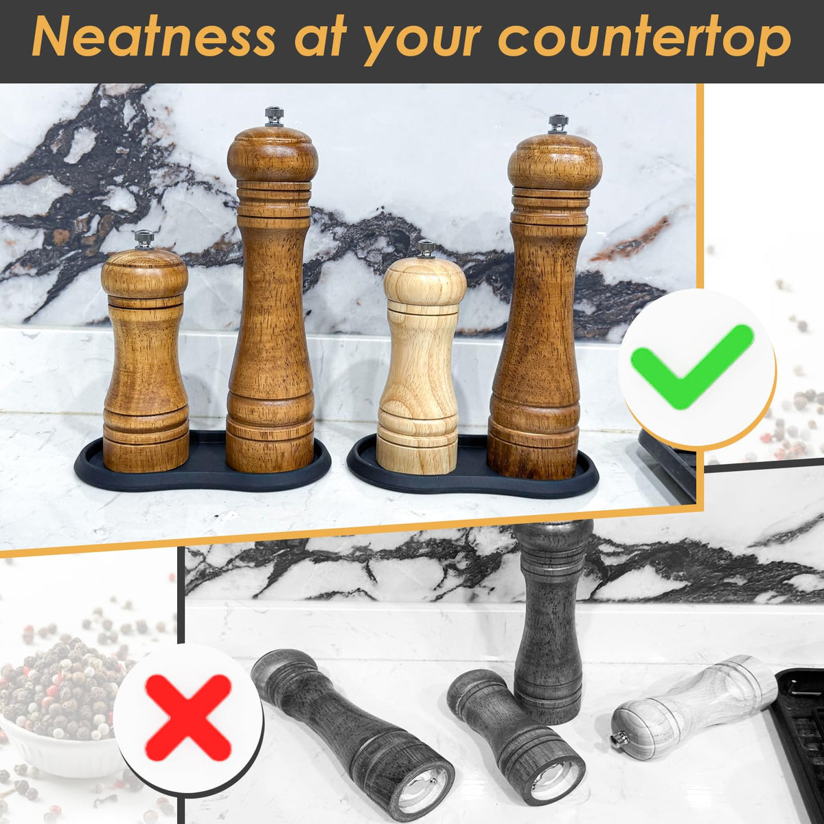 Koluti Salt and Pepper Mill Silicone Tray Set of 2, Kitchen Pepper Grinder Rest Seasoning Bottle Holder for Counter, Dining Table Protector and Rustic Small Board Decorative Serving Platter, Black