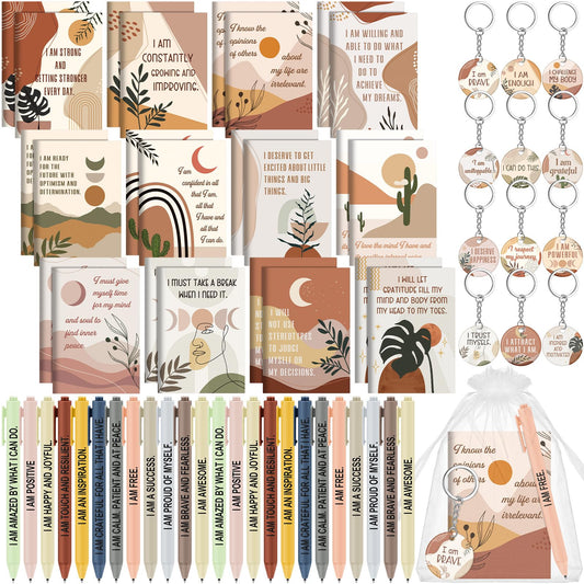 Mooliwe 36 Pcs/12 Set Positive Affirmation Gift Set Gratitude Notebooks with Pens Acrylic Keychains Small Bags Motivational Notepads for Women Coworkers Christmas Adults Party Favors (Boho)