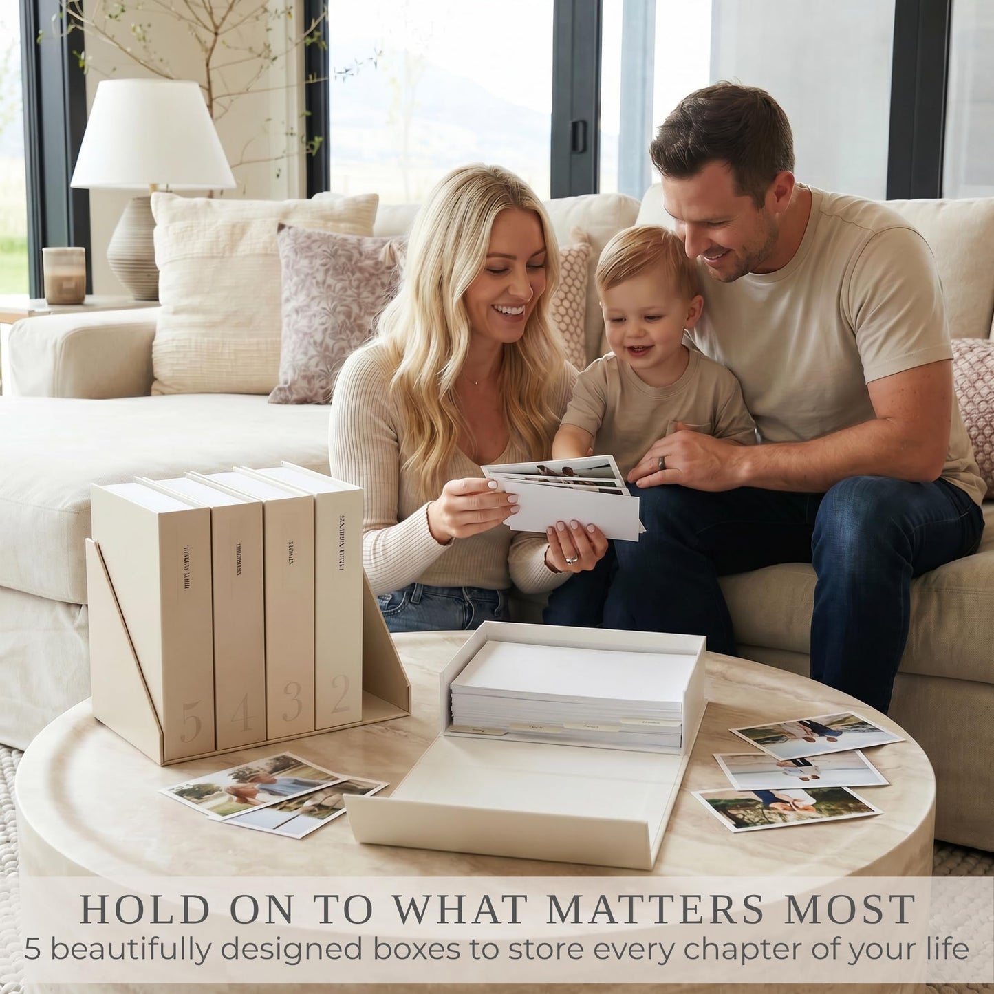 ZICOTO Decorative Photo Storage Box Set of 5 - Sturdy Photo Organizer Boxes with Dividers and Pre-Printed Labels to Keep Your Precious 4x6 Pictures Beautifully Organized on Your Shelf