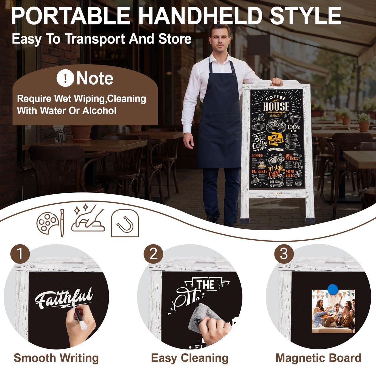 Magnetic Portable A-Frame Chalkboard Signs, 40" x 20" Large Wood Sandwich Board Signs Outdoor, Double-Sided Sidewalk Standing Chalk Board for Business, Wedding, Vendor Display, Coffee Shope - White