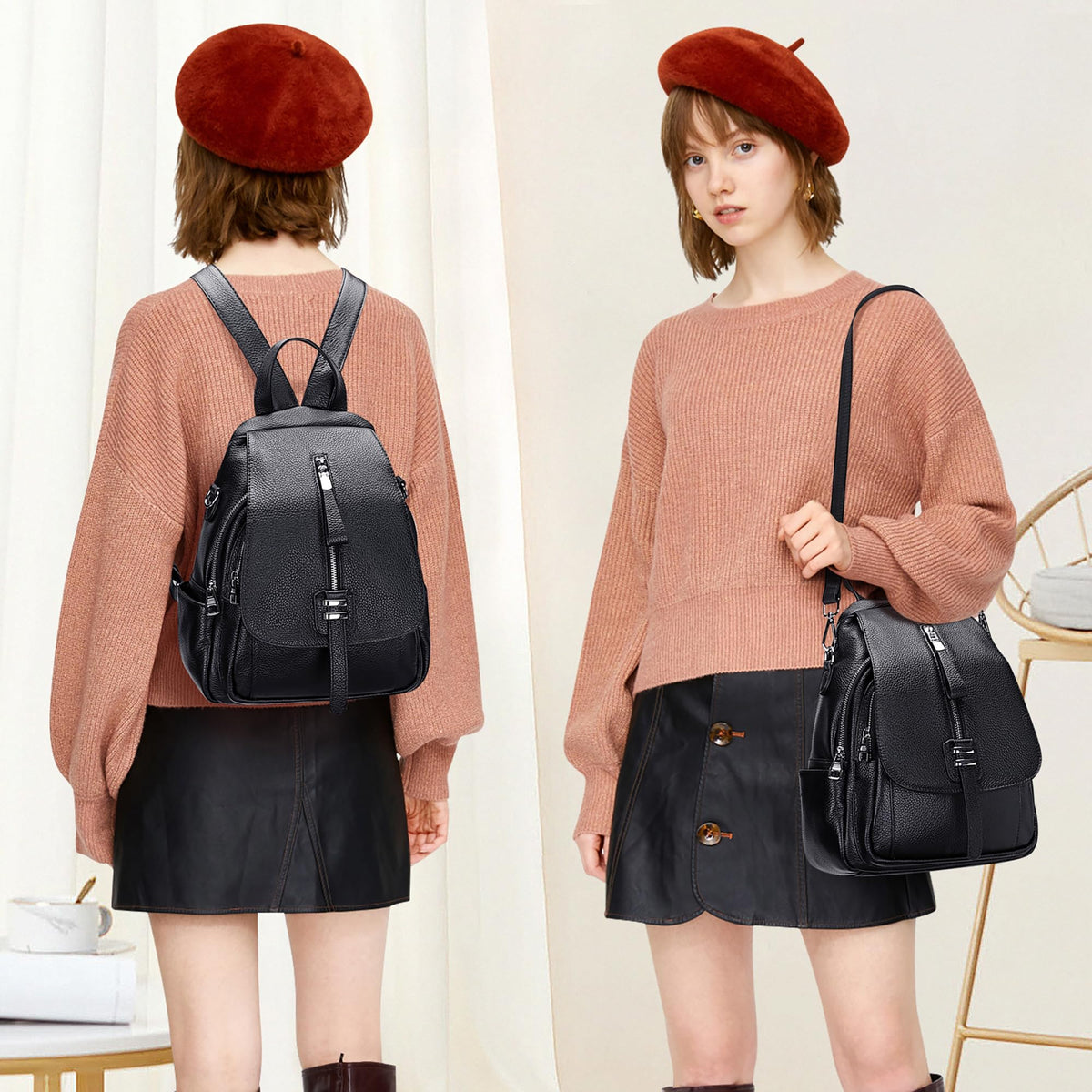 ALTOSY Genuine Leather Backpack Purse for Women Convertible Shoulder Bag with Buckle Flap (S85 Black)