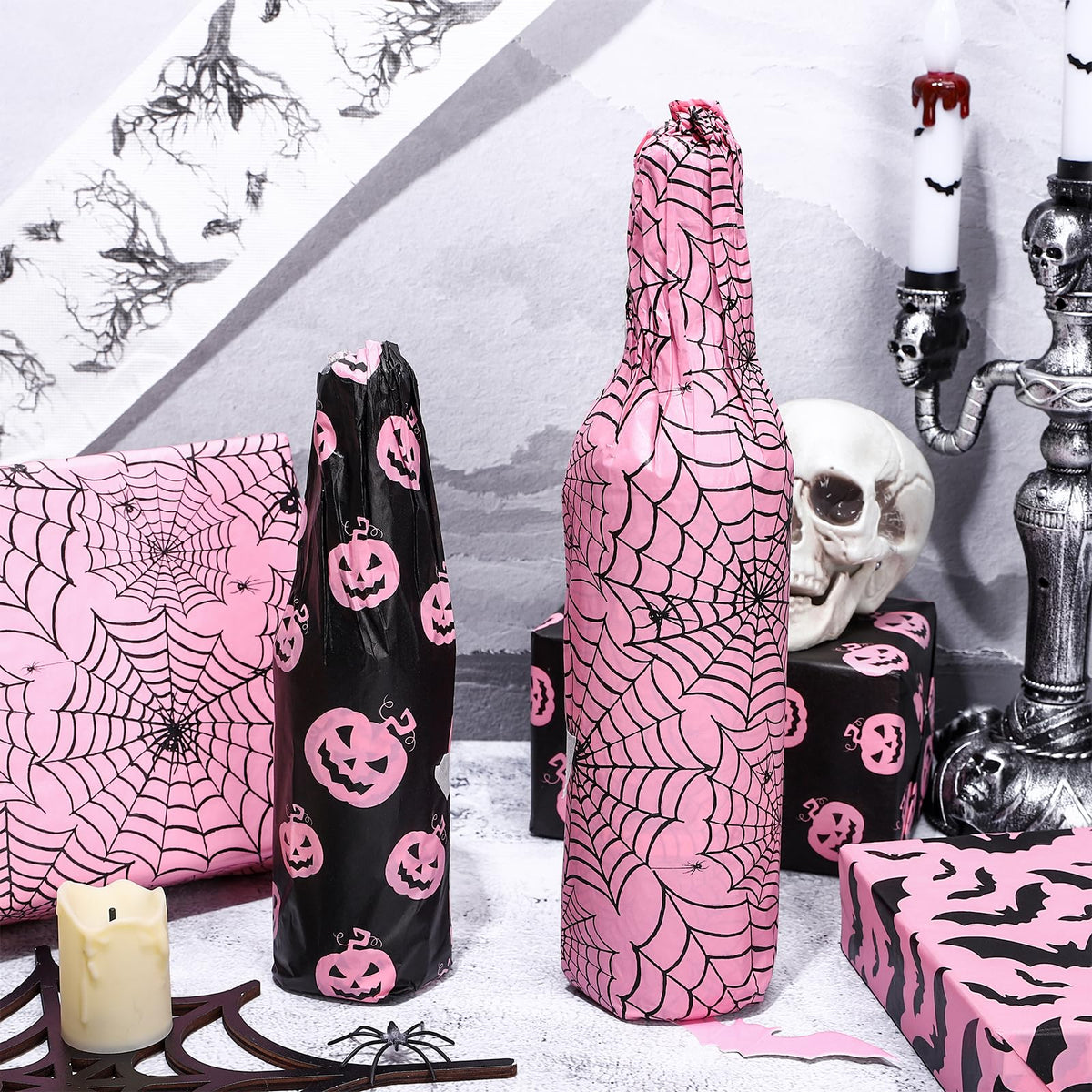 Whaline 90 Sheets Halloween Tissue Paper Pink Black Pumpkin Bat Spiderweb Gift Wrapping Paper for DIY Art Craft Halloween Birthday Baby Shower Party Supplies, 13.7 x 19.6 Inch