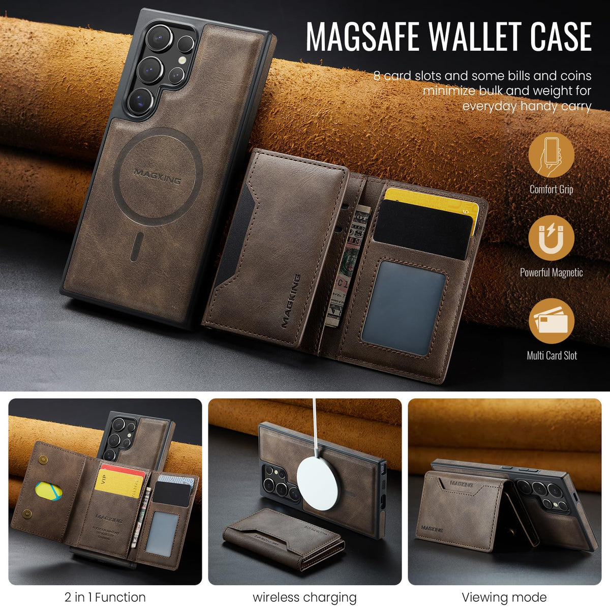 SZHAIYU K2 2 in 1 Detachable Magnetic Phone Cases Compatible with Samsun Galaxy S24 Ultra Case with Card Holder RFID Blocking, Compatible with Magsafe Wallet, Leather 6.8'' (S24 Ultra,Coffee)