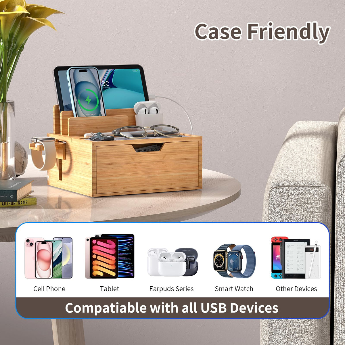 Multi-Device Charging Station Dock & Organizer, with Power Supply (5 Ports HUB), and Cables, Bedside Docking Station with Drawer Compartment -Natural Bamboo