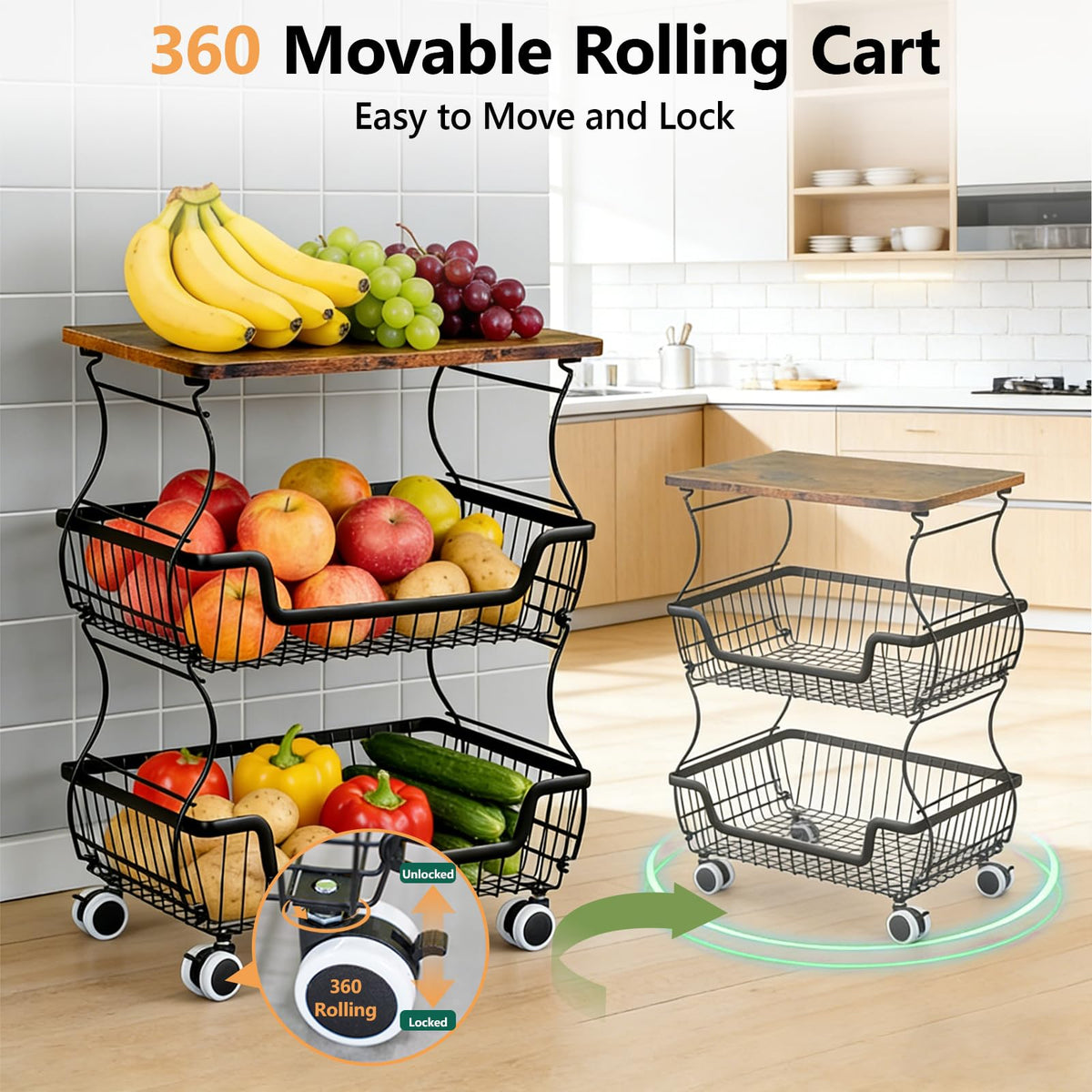 2 Pack Utility Rolling Cart 3-Tier Metal Storage Organizer Cart with Wooden Top Snack Rack Pantry Cart with Wheels for Kitchen, Bathroom, Office, Bedroom, Living Room, Black