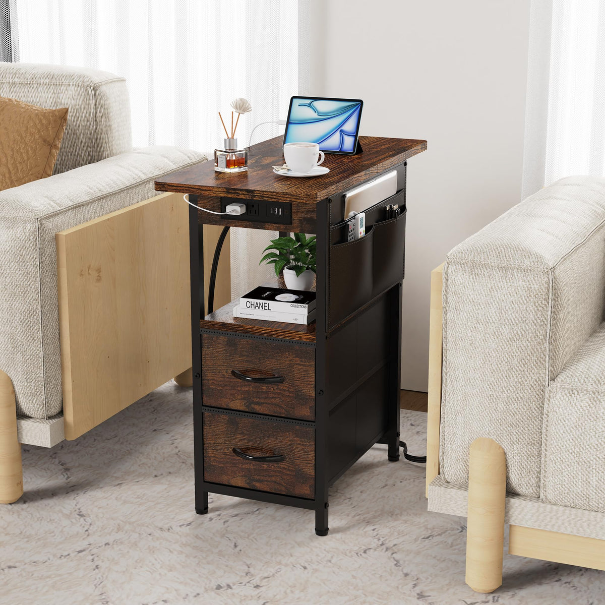 Yenlure Small Side Table with Charging Station, Narrow Nightstand Bedside Tables with Storage Pocket for Living Room Bedroom, Sofa End Table with USB Ports and Power Outlets for Small Spaces
