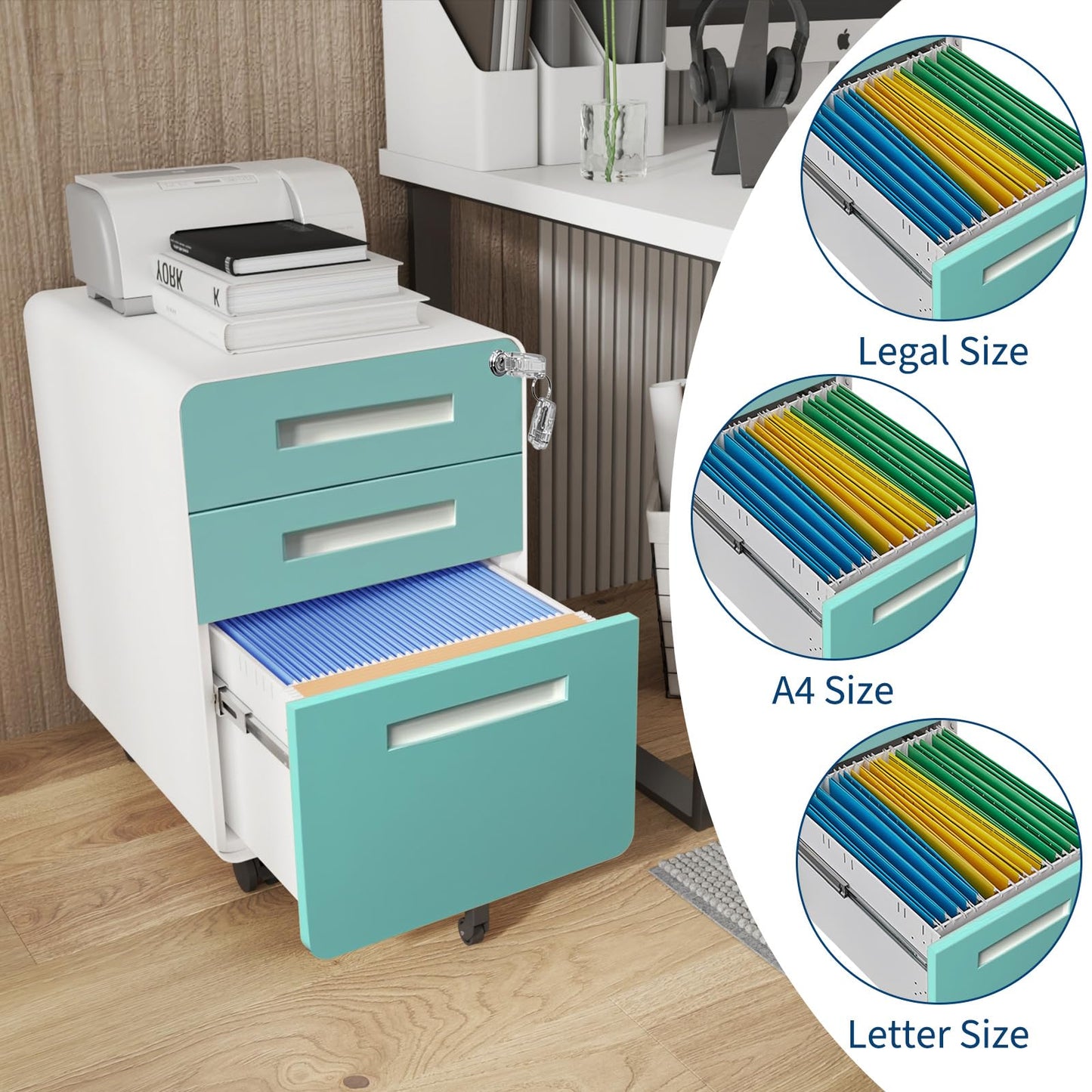 Garvee 3 Drawer File Cabinet with Lock, Under Desk Metal Mobile Filing Cabinet for Home Office, 5 Wheels Anti-Tipping Rolling File Cabinets for A4/Letter/Legal Size, Fully Assembled, Blue