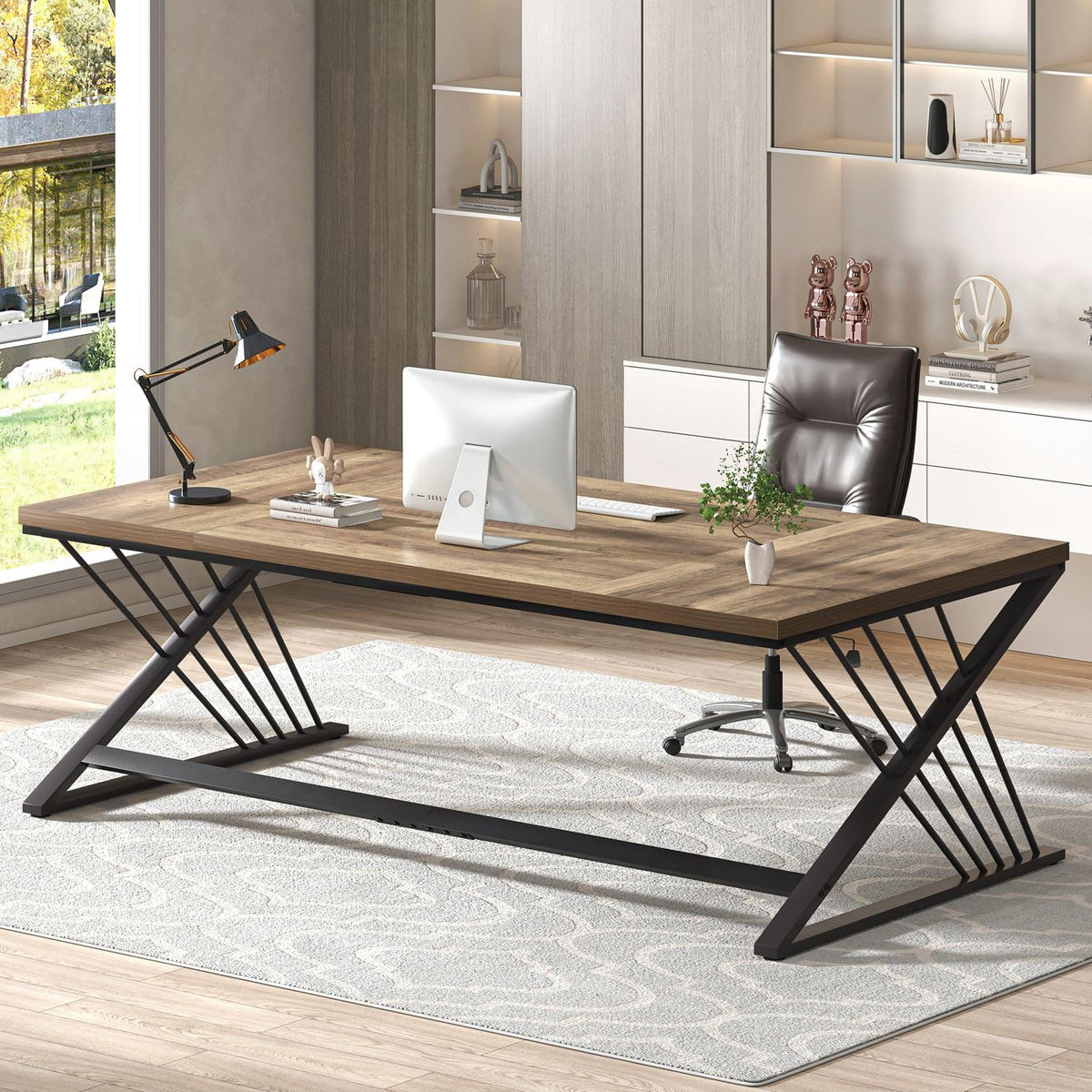 FOLUBAN 70.9" Computer Desk with Z-Shaped Legs, Industrial Work Executive Home Office Desk, Large 2 Person Gaming Study Desk Writing Table, Oak