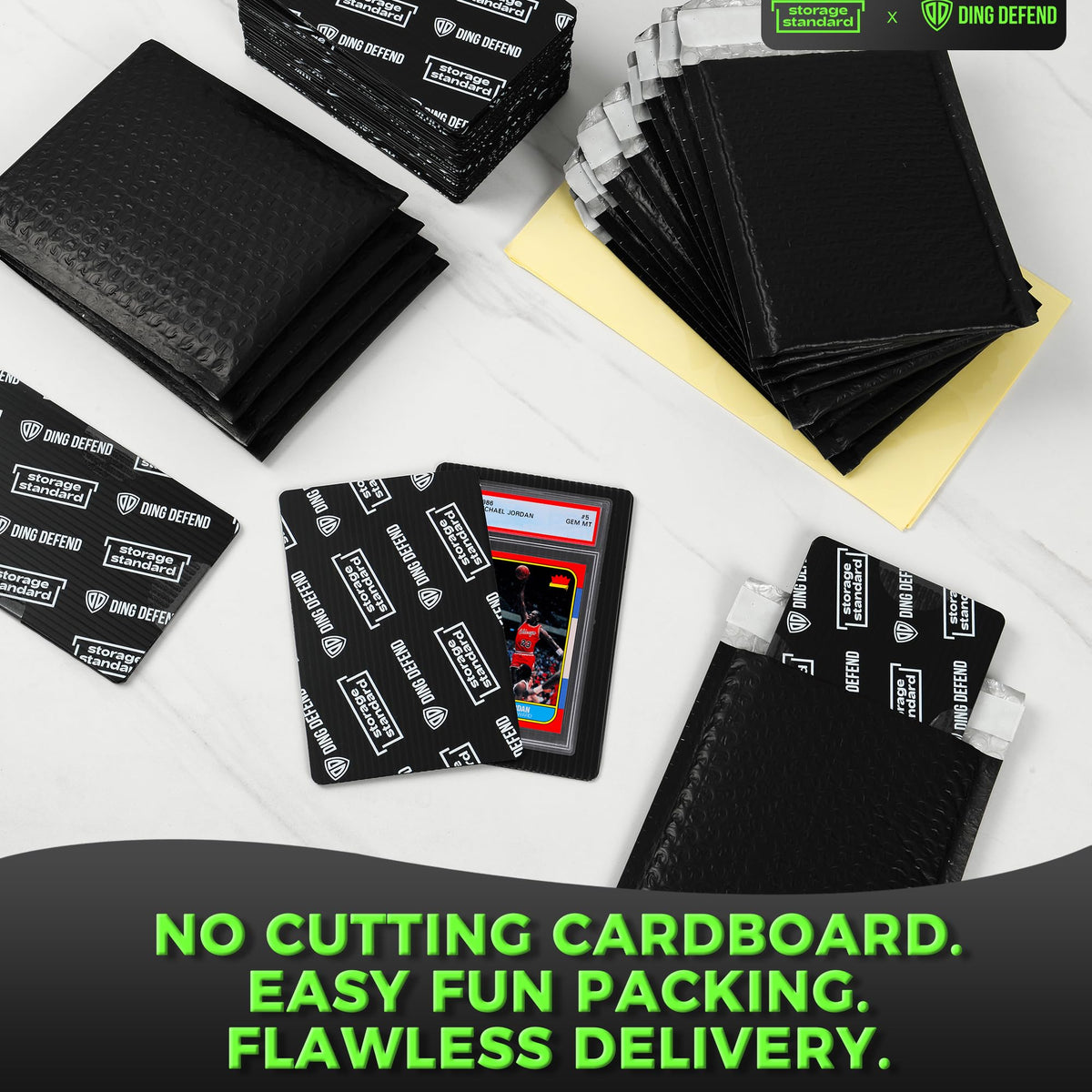 Ding Defend Trading Card Shipping Kit - Includes 110 4’’ x 6’’ Protectors, 55 Envelope Bubble Mailers, 240 Tape Seals for Slabs & Collectible Cards - Black