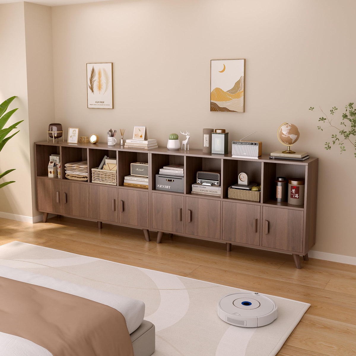 OSCHF Cubby Shelf Bookcase with Doors - Wooden 8 Cubes Floor Standing Open Bookshelf with Solid Wood Legs, 2-Tier Low Storage Cabinet, Walnut