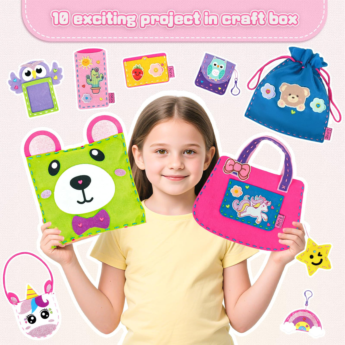 Sewing Kit for Kids Beginner, 10 Easy DIY Projects of Stuffed Animal Dolls & Purse Handbags, Learn to Sew with Felt Embroidery Craft, Arts & Crafts Gift for Girls & Boys Ages 6-12