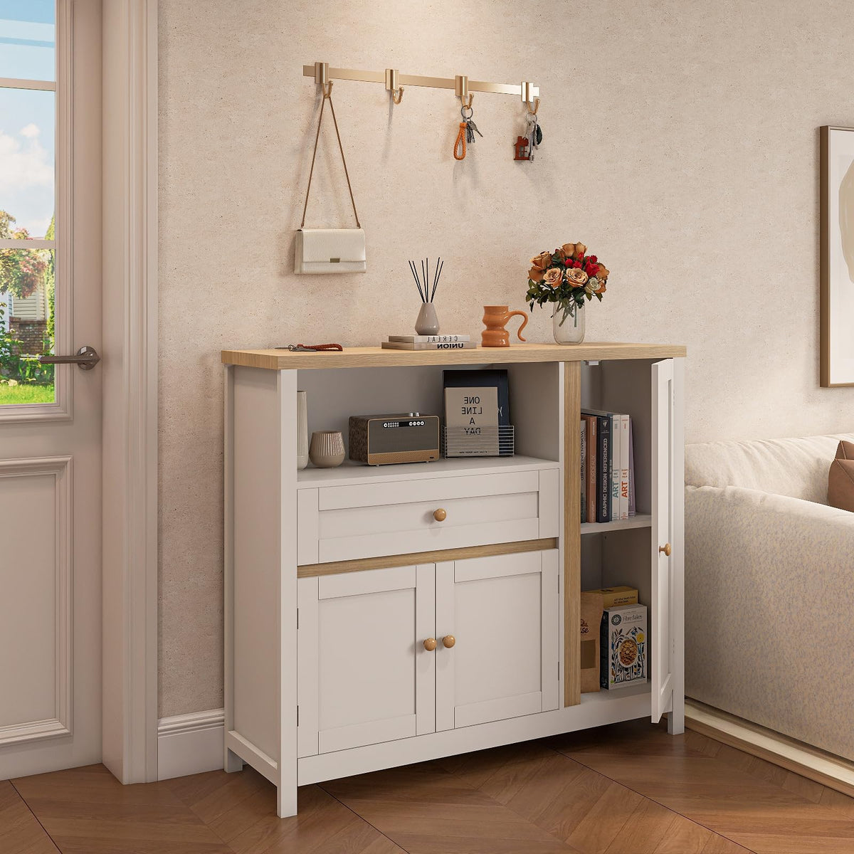 Viaozutis Storage Cabinet with Doors and Drawers,Kitchen Storage Cabinets，with Drawer and Adjustable Shelf（White）