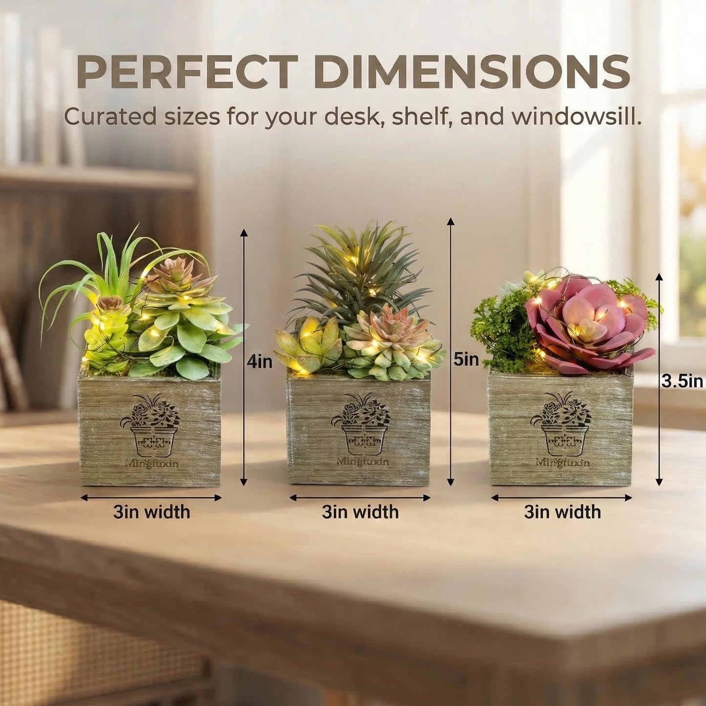 Mingfuxin Small Fake Plants, 3 Packs Mini Succulent Plants Artificial with Led Lights for Indoor Bathroom Bedroom Desk Office Decor