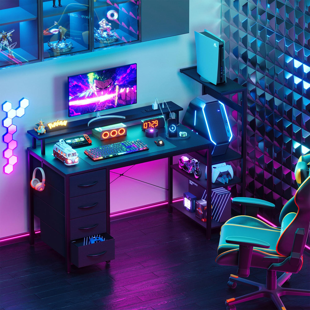 51 Inch Gaming Desk with LED Lights and Power Outlets, Computer Desk with Storage Shelves, Fabric Drawers, Monitor Stand & Side Hook, Reversible Gamer Table for Home Office, Carbon Fiber Black