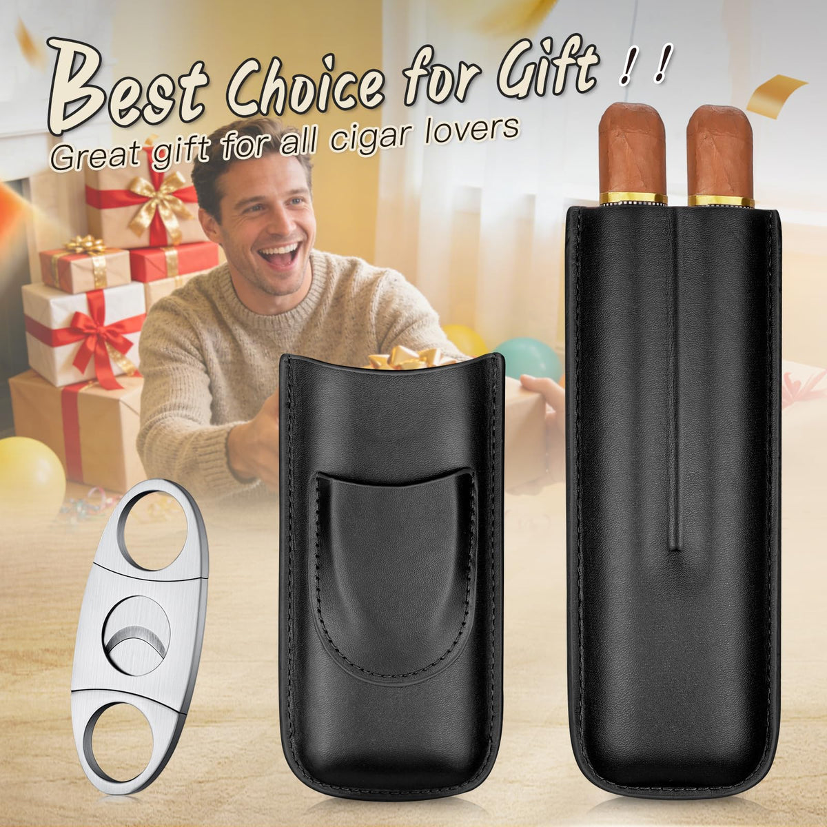 cgaplus 2-Finger Leather Cigar Case with Cutter Cedar Wood Lined Cigar Humidor Portable Travel Cigar Case(Black)