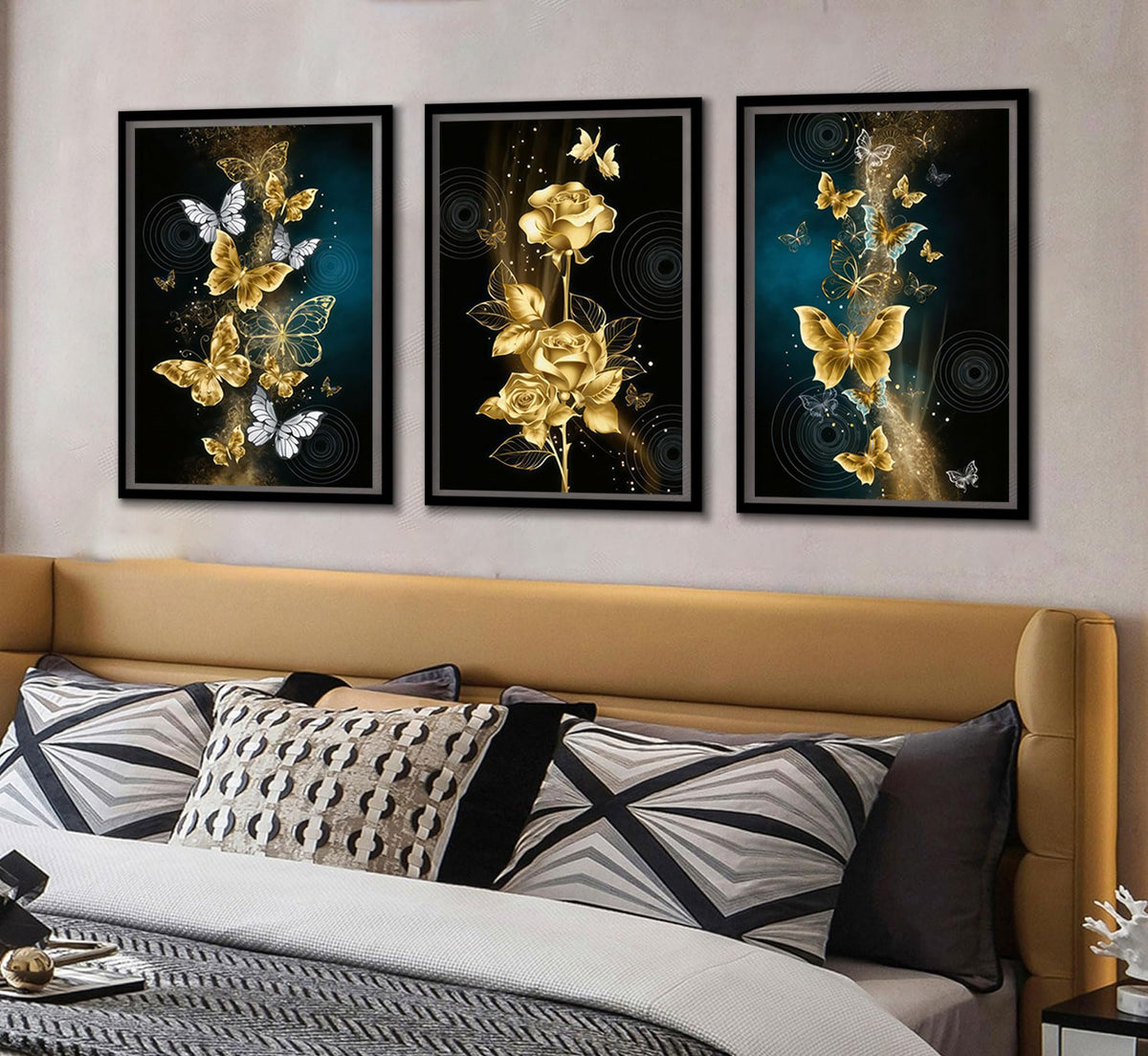 3Pcs Abstract Gold Butterfly Canvas Wall Art Gold Butterfly and Rose Posters Prints Painting Modern luxury Flowers Wall Decor pictures for Living Room Bedroom Home Decoration Unframed