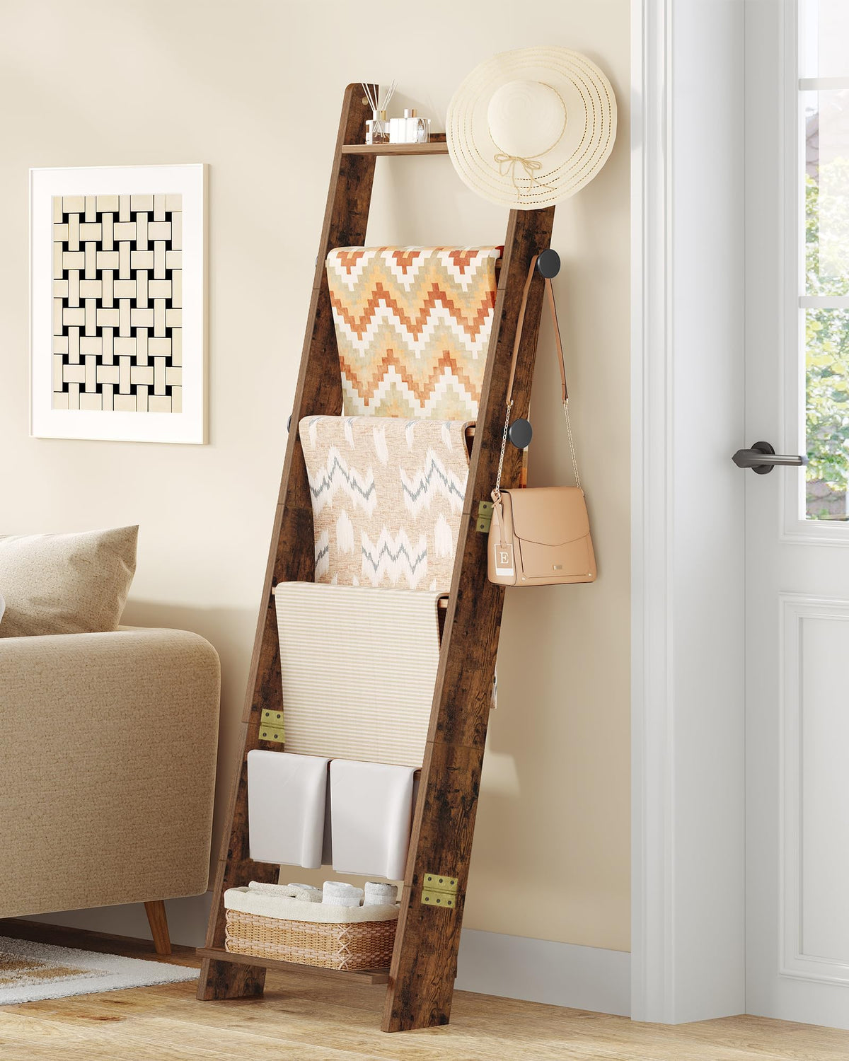 Hzuaneri Blanket Ladder for Living Room, Decorative Quilt Rack with 4 Removable Hooks, 6-Tier Blanket Ladder Shelf for Bedroom,Rustic Brown BR30601X