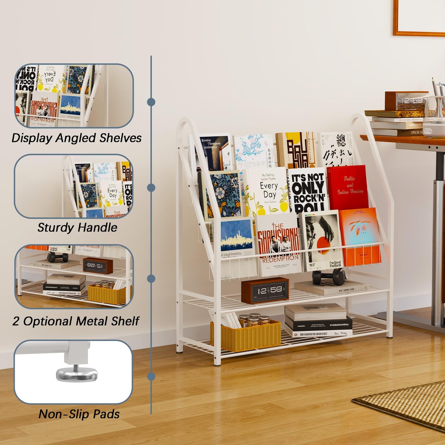 Arbuxzuy Magazine Rack Small Metal for Storage Freestanding 11.8" D x 32.3" W x 38.2" H, Sofa Height Short Book Shelf for Display and Storage, Ladder Bookcase for Home Office, White
