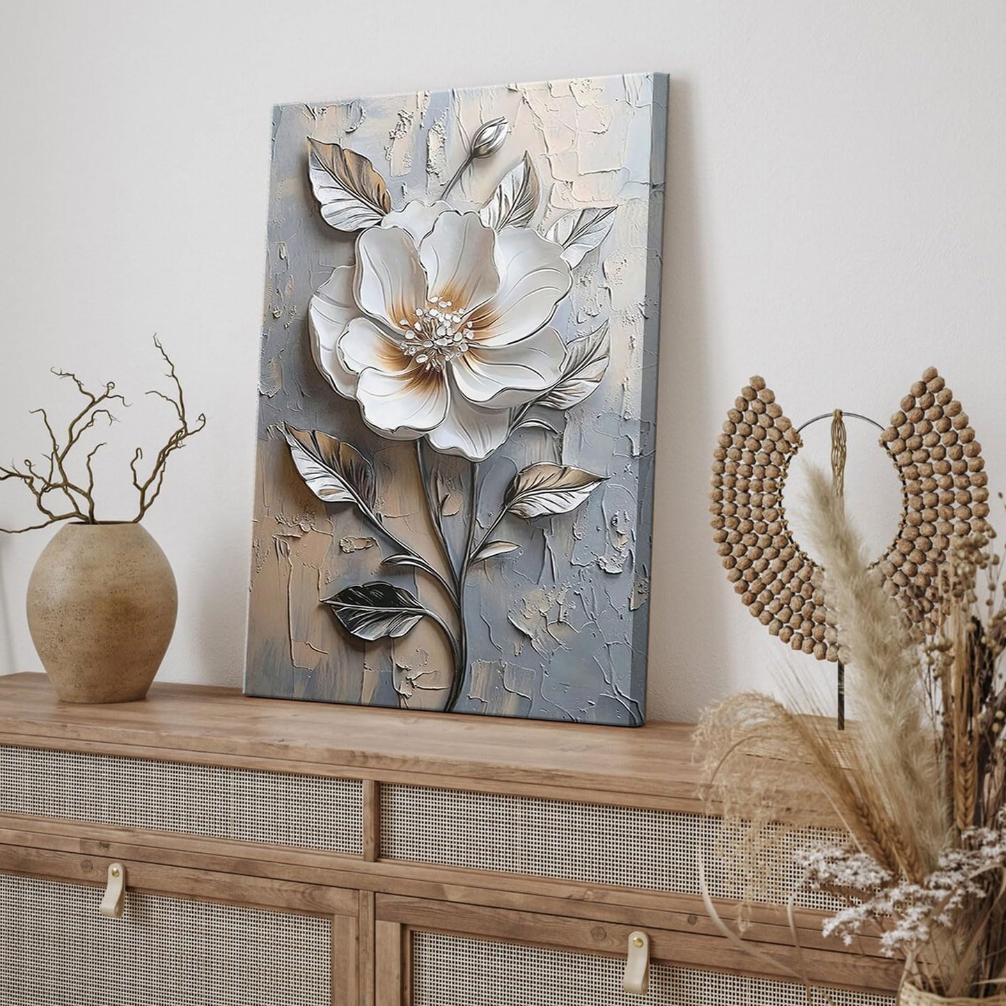 Elegant White Flower Canvas Wall Art Modern Abstract Floral Wall Decor Picture Blooming Flower Poster Print for Office Living Room Bedroom Bathroom Home Decoration 12x16in