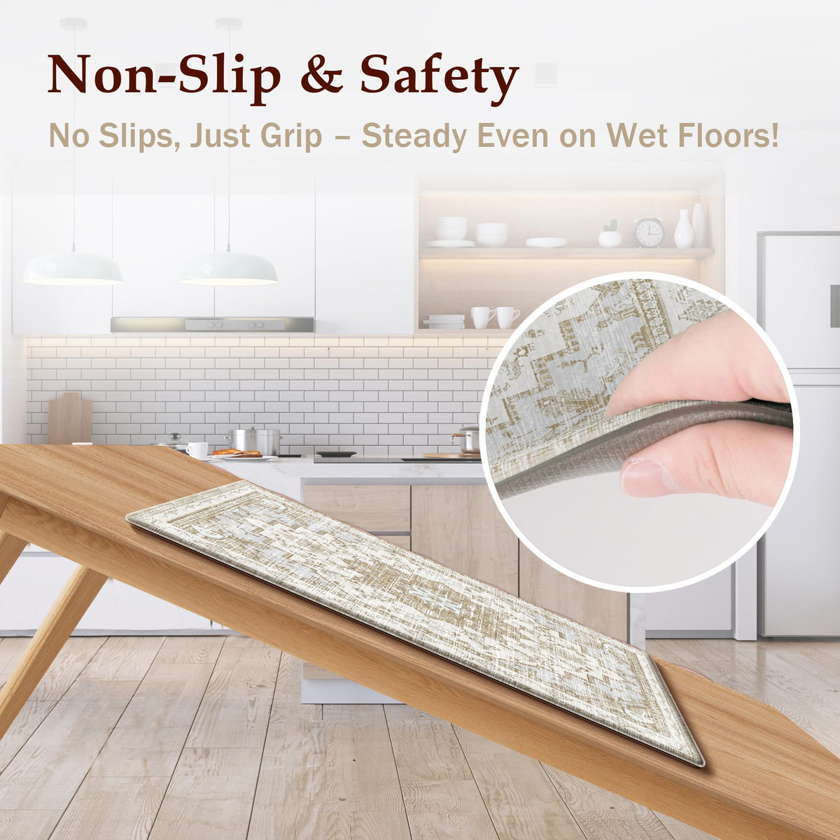 Boho Kitchen Mats for Floor 2 Piece Set Anti Fatigue Cushioned PVC Kitchen Rugs Non Slip Waterproof Farmhouse Mats 2/5 Inch Comfort Standing Mat for Sink, Laundry, 17.3"x47"+17.3"x28", Beige Tan