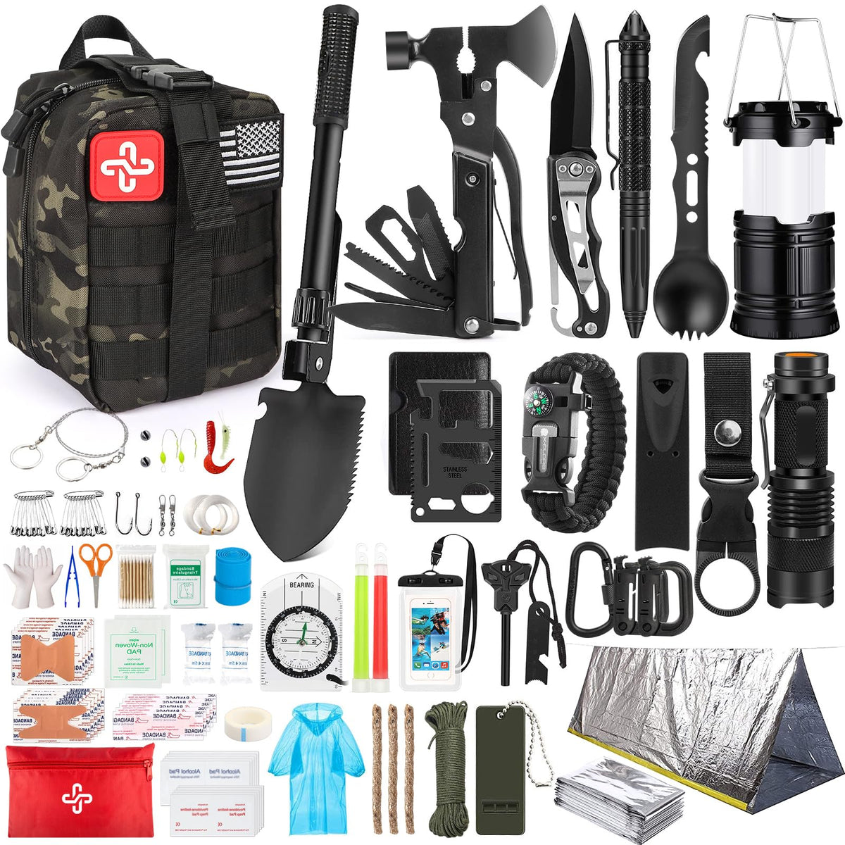 Survival Kit, 250Pcs Survival Gear First Aid Kit with Molle System Compatible Bag and Emergency Tent, Emergency Kit for Earthquake, Outdoor Adventure, Hiking, Hunting, Gifts for Men Women