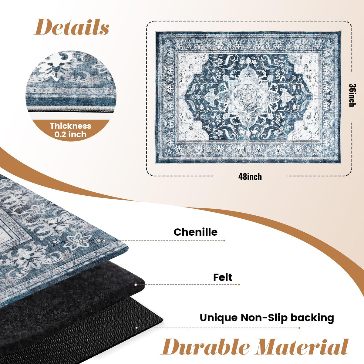 Office Chair Mat for Hardwood Floor & Tile Floor, 36"x48"Anti-Slip Under Desk Carpet Protector for Rolling Computer Chair Mat, Machine Washable Office Area Carpet (Chenille,Blue)