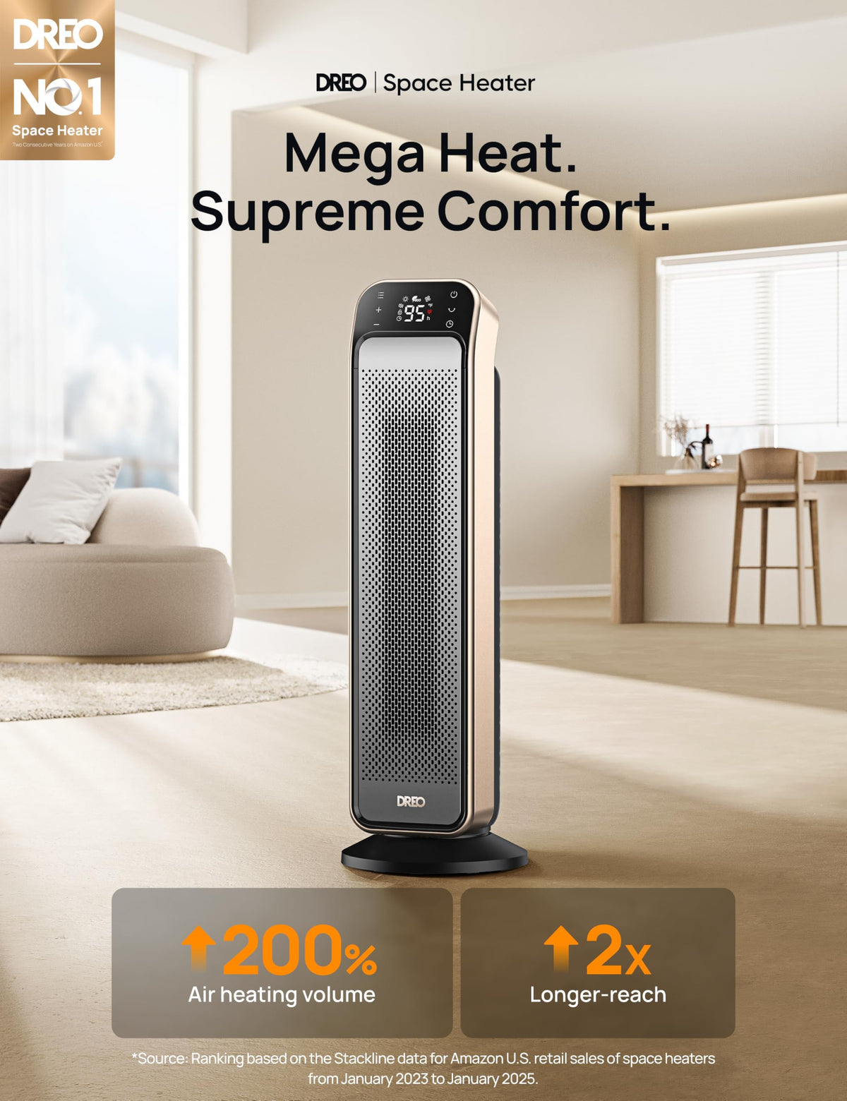 DREO Space Heater Indoor, 25" 11.5ft/s Fast Portable Room Heater with Remote and Thermostat, 3 Modes, Overheating & Tip-Over Protection, Electric Heaters for Indoor Use Large Room, Bedroom, Gold