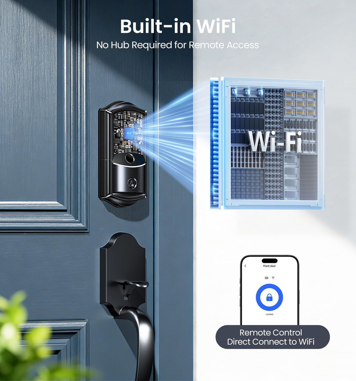 Veise VE027 Built-in Wi-Fi Smart Lock, Fingerprint Keyless Entry Front Door Lock, App Remote & Voice Control, No Hub Needed, Touchscreen Keypad Deadbolt, IP65 Waterproof, BHMA Grade 3, Matte Black