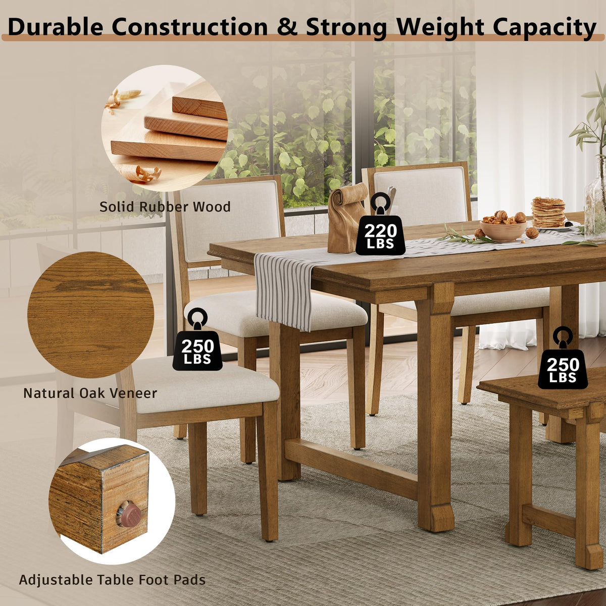 Merax 6-Piece Farmhouse Dining Table Set for 6, 59.8" Rectangle Table + 4pcs Dual-Style Chairs + 37.8" 2 Seater Bench, Kitchen and Dining Room Sets with Solid Wood Legs and Frame (Walnut+ Beige)