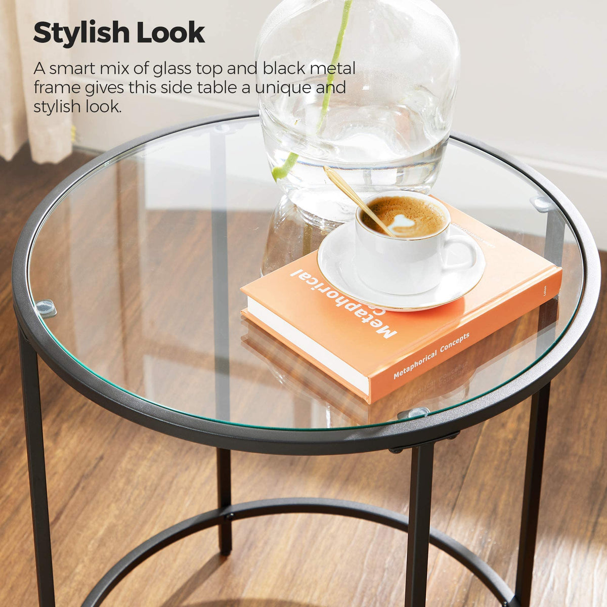 VASAGLE Round Side Table, Glass End Table with Metal Frame, Black Coffee Table with Modern Style, for Living Room, Balcony, Bedroom, Black