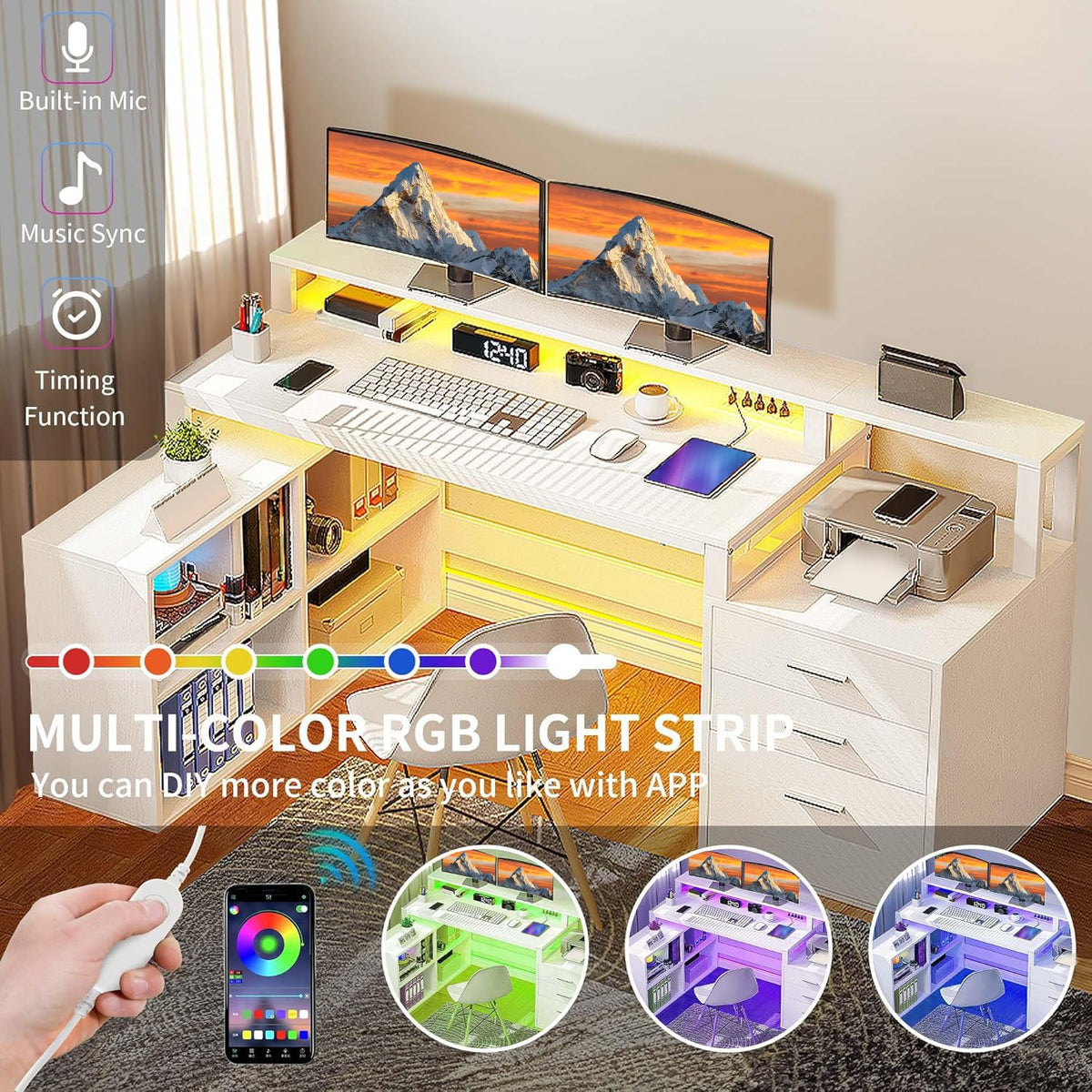 DWVO L Shaped Desk with Drawers, 65" Computer Desk with Power Outlets & LED Lights, Corner Home Office Desk with Storage Shelves & Printer Stand, White