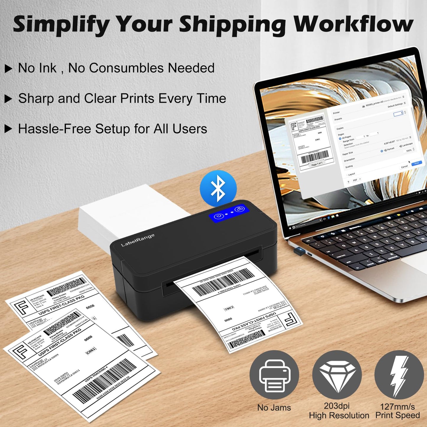 Bluetooth Thermal Label Printer for Mac, Windows, Phone, Tablet, Wireless 4x6 Shipping Label Printer for Shipping Packages, Support USPS, Amazon, Pirate Ship, Shopify