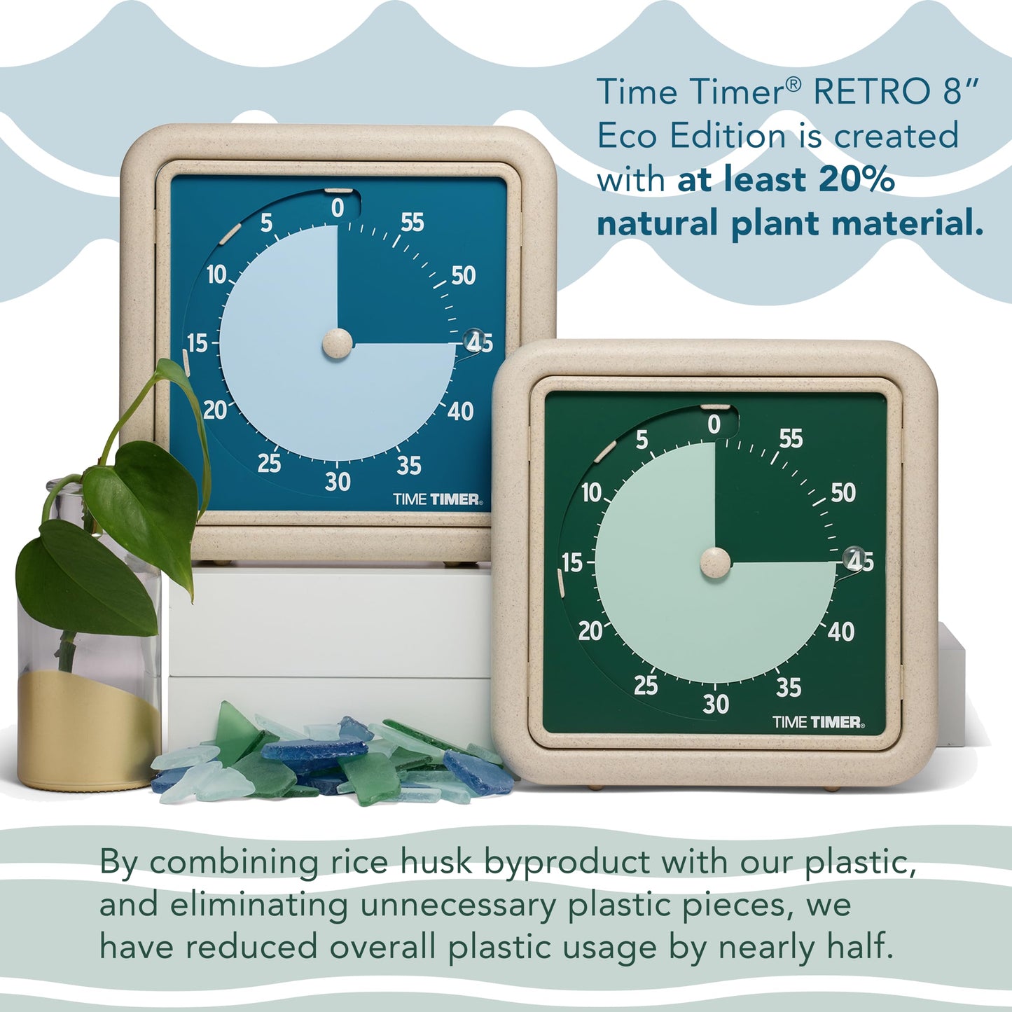 Time Timer® Retro 8 inch Eco Edition Visual Timer - 60 Minute Desk Countdown Clock Made with at Least 20% Natural Plant Material- Green Land